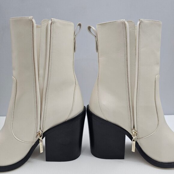 Larroude James Ankle Boot Womens 10 Cream Leather Tall Block Heel Pointed Toe - Picture 4 of 15